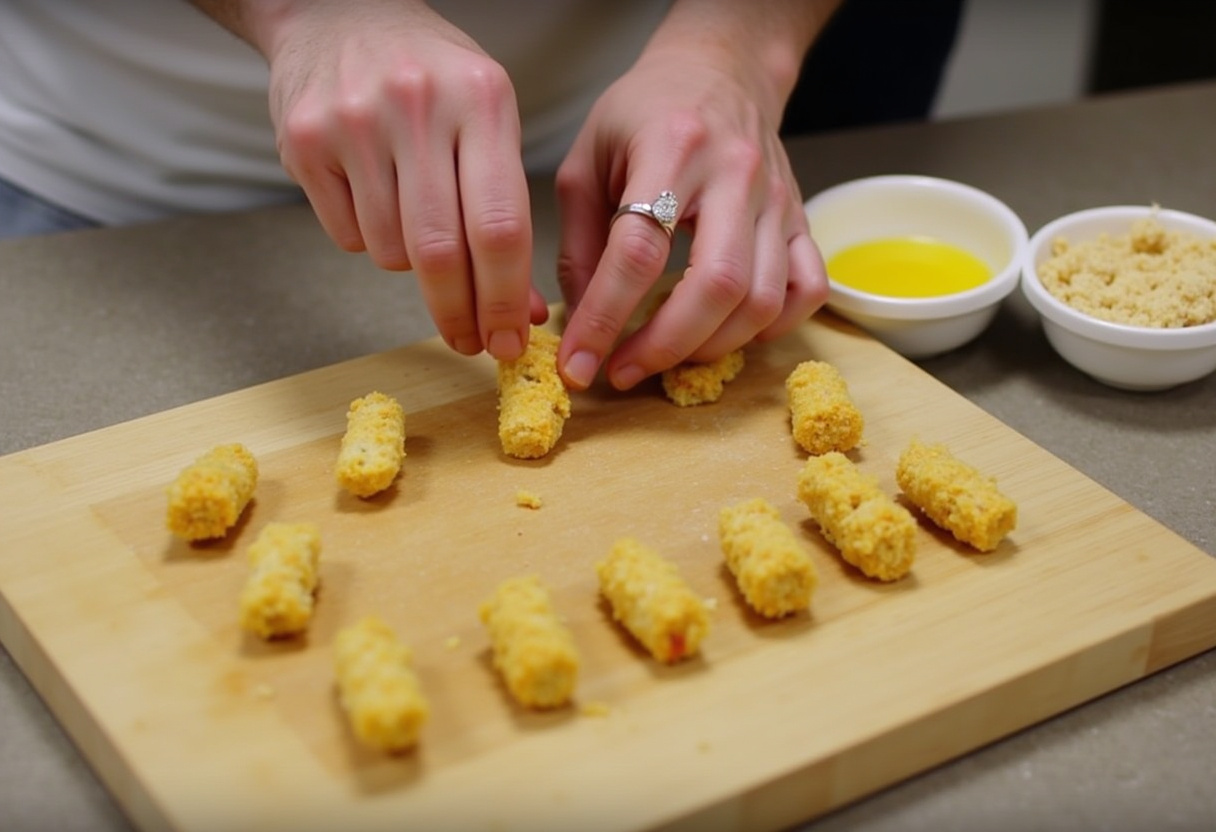 Dando forma a las croquetas de jamón antes de empanarlas.