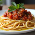 Delicious Espaguetis con tomate y atún served on a plate, ready to enjoy.