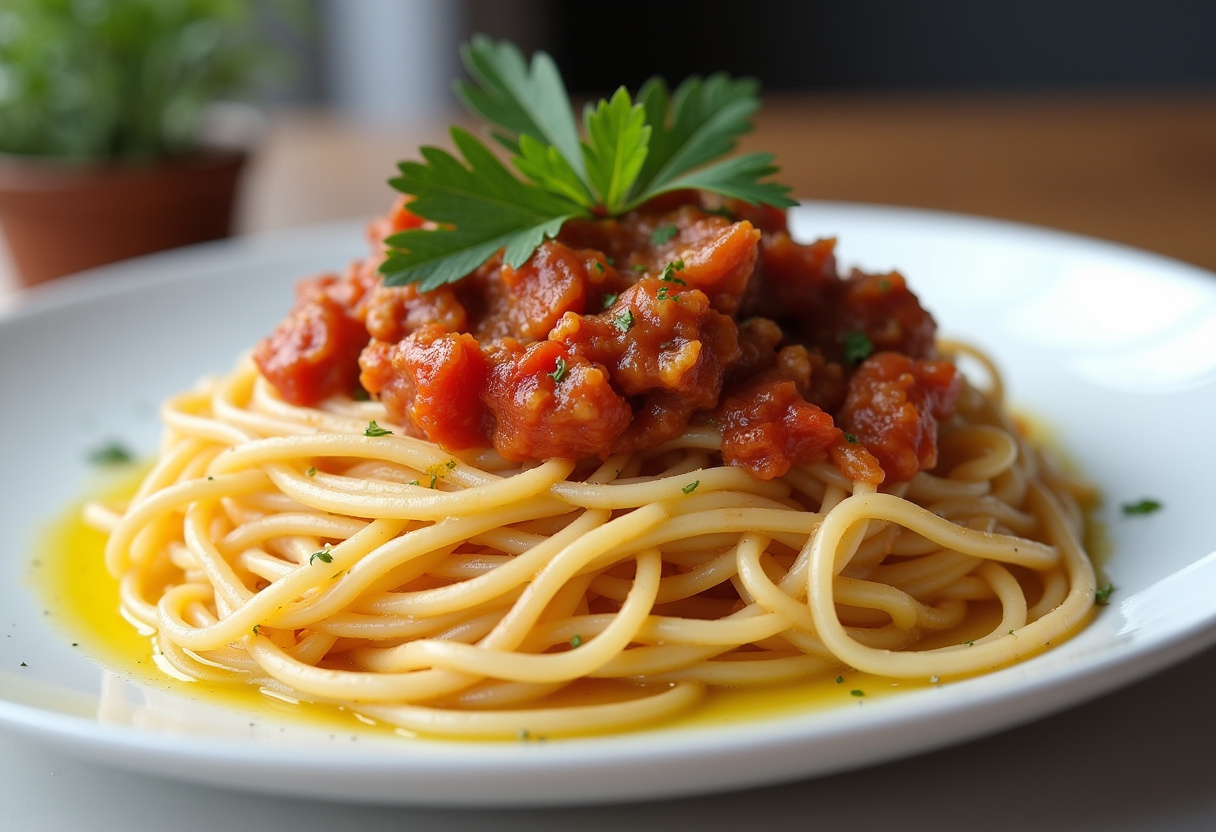 Delicious Espaguetis con tomate y atún served on a plate, ready to enjoy.