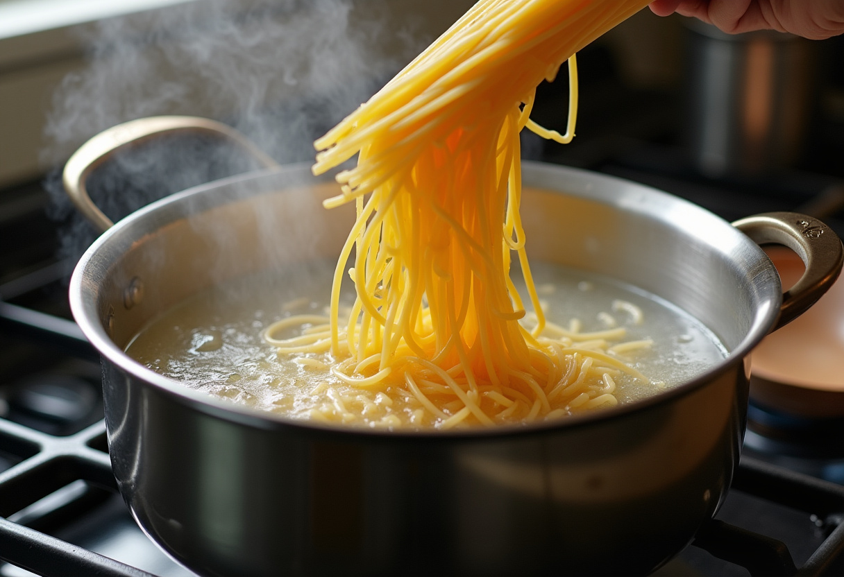 Espaguetis cociéndose en agua hirviendo para la receta de espaguetis con tomate y atún
