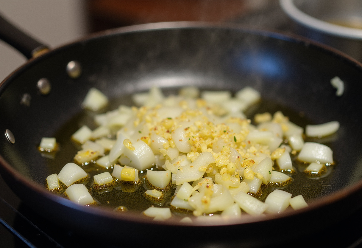 Ajo y cebolla dorándose en aceite de oliva para la base de los espaguetis con tomate y atún