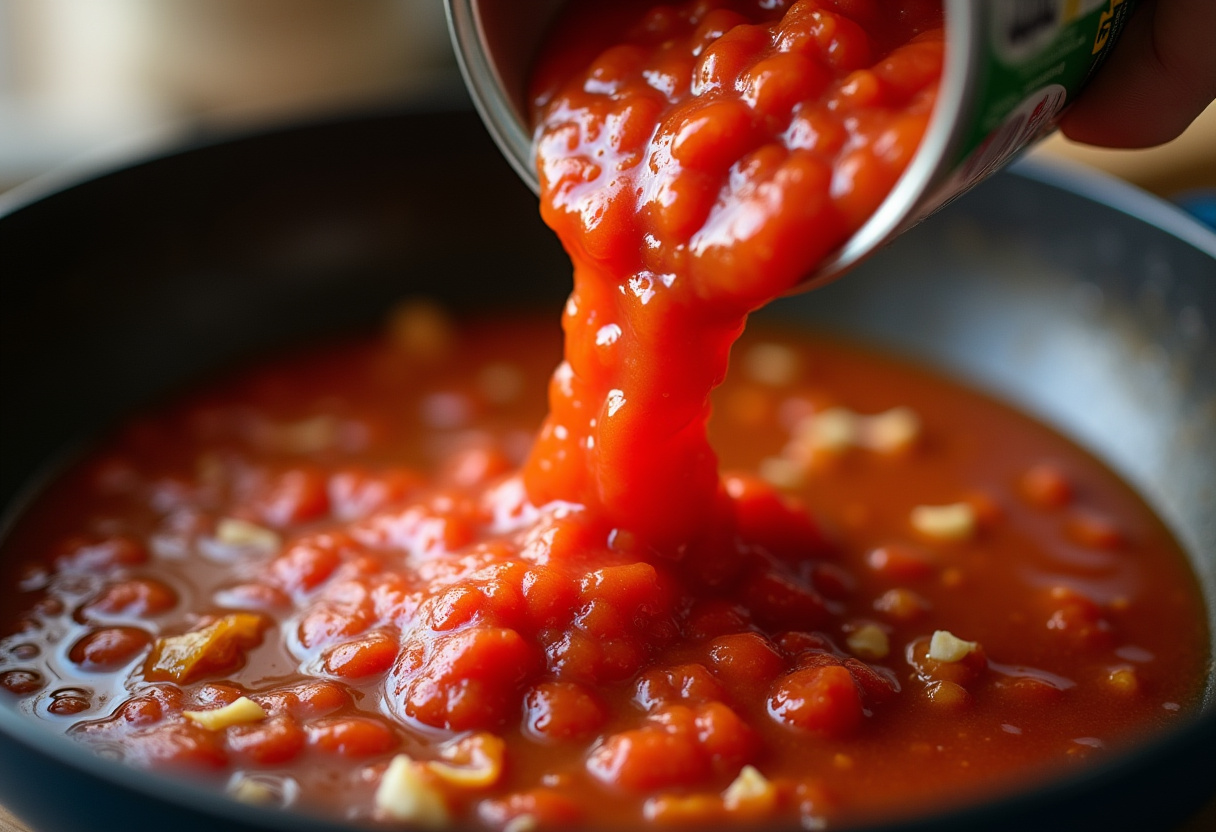 Tomate triturado añadido a la sartén para preparar la salsa de los espaguetis con atún