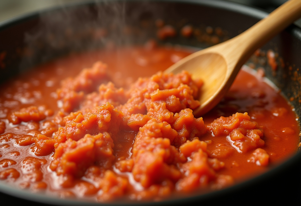 Atún siendo mezclado con la salsa de tomate para los espaguetis