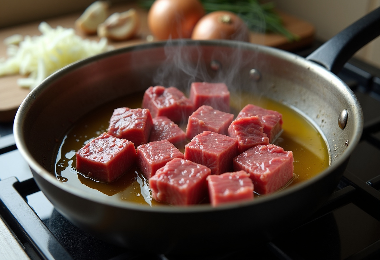 Pot con aceite de oliva caliente y carne de ternera cortada en cubos para estofado tradicional.
