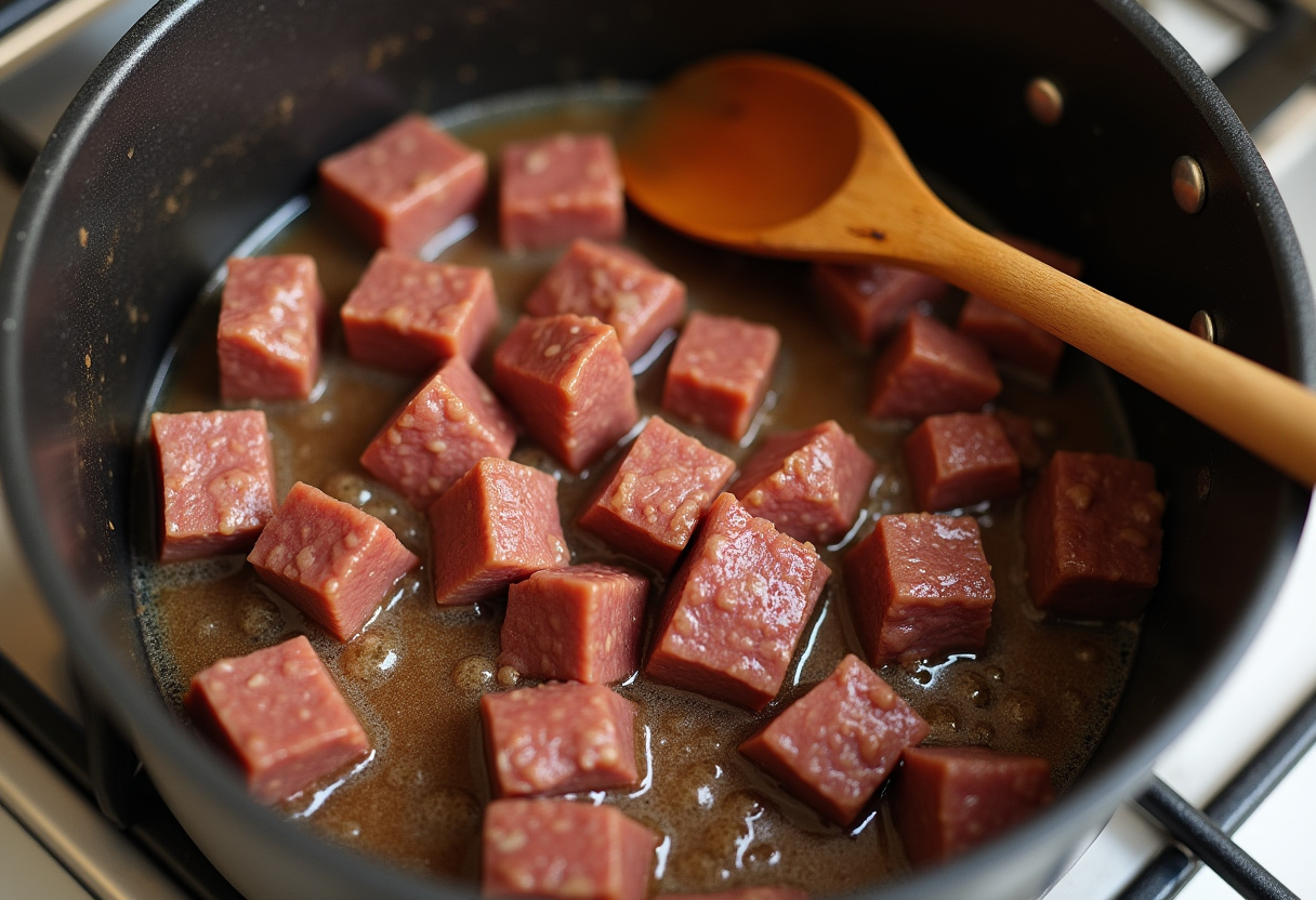 Carne de ternera dorándose en la olla para estofado tradicional.