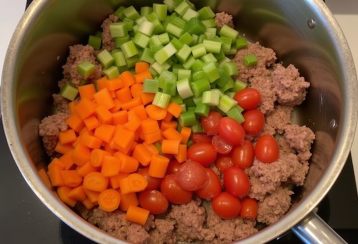 Verduras como zanahorias, apio y tomates añadidas al estofado de ternera.