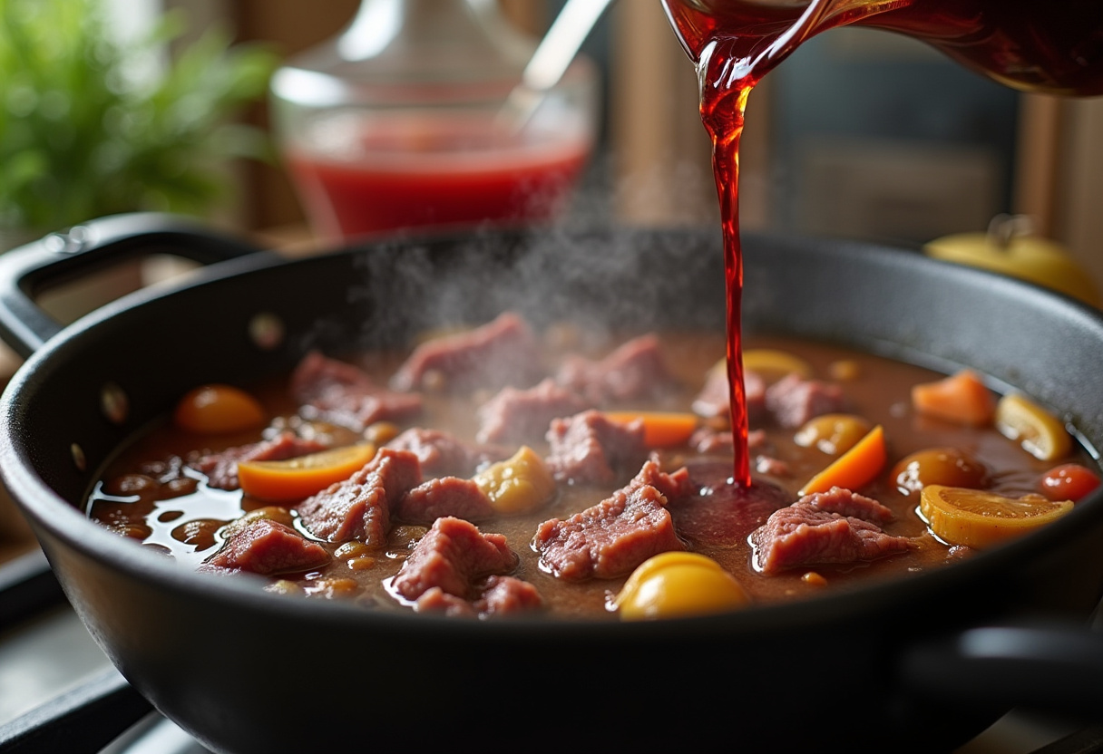 Vino tinto y caldo de carne añadidos al estofado de ternera tradicional.