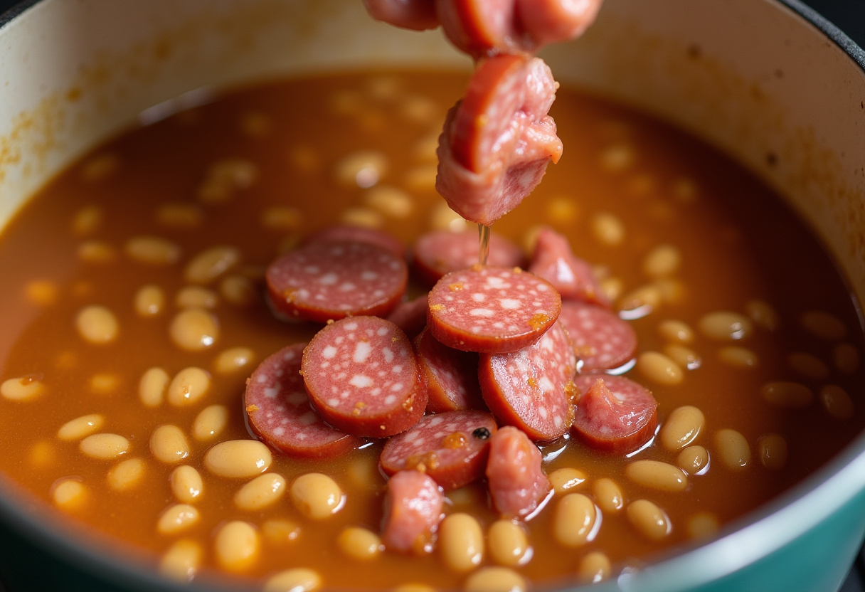 Chorizo, morcilla y panceta añadidos a la olla para la fabada asturiana.