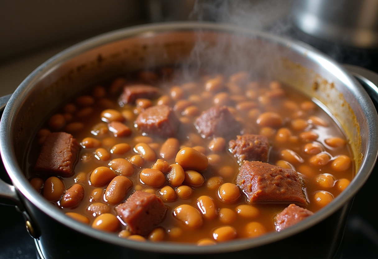 Mezcla de fabada asturiana siendo removida suavemente en la olla.