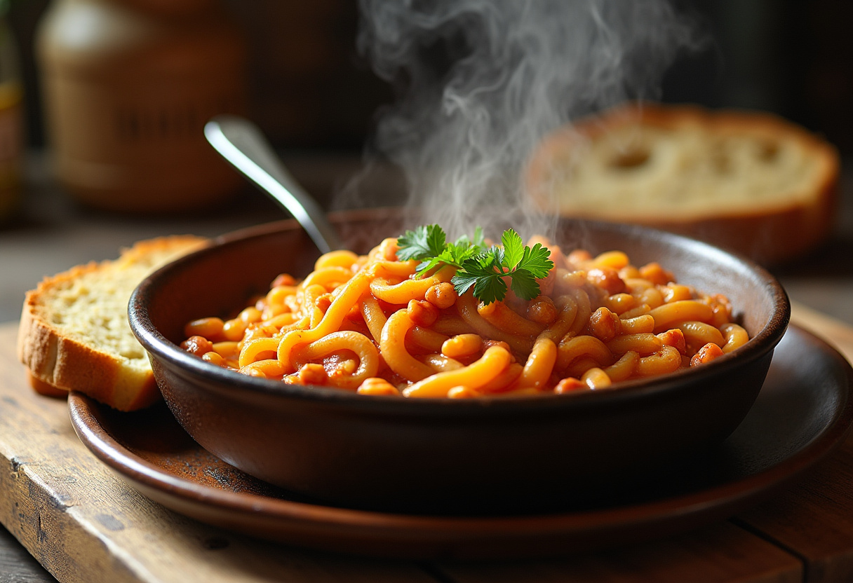 Fideos a la cazuela terminados, servidos en un plato con perejil fresco y pan crujiente.