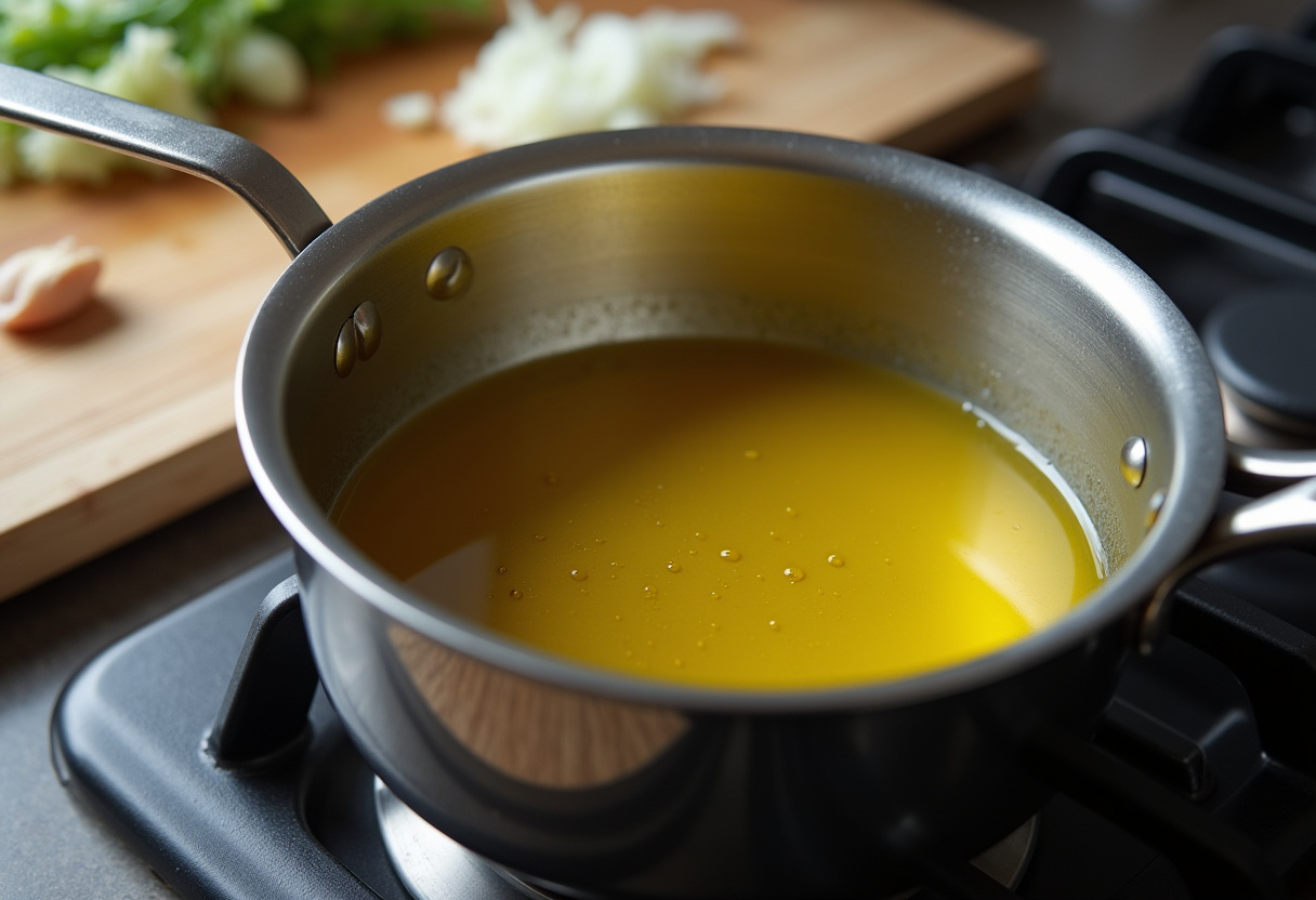 Olive oil calentándose en una cazuela con cebolla y ajo picados listos para cocinar fideos a la cazuela.