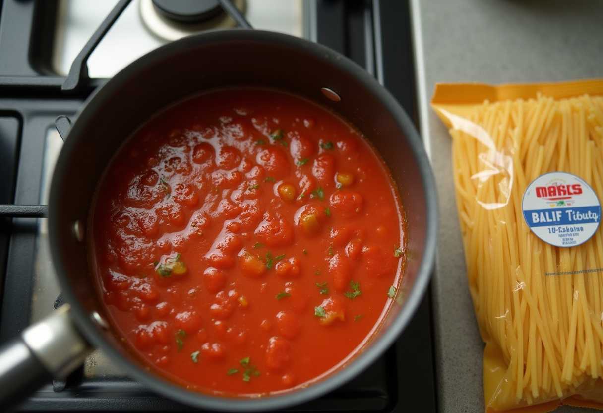 Salsa de tomate hirviendo en la cazuela, lista para agregar los fideos.