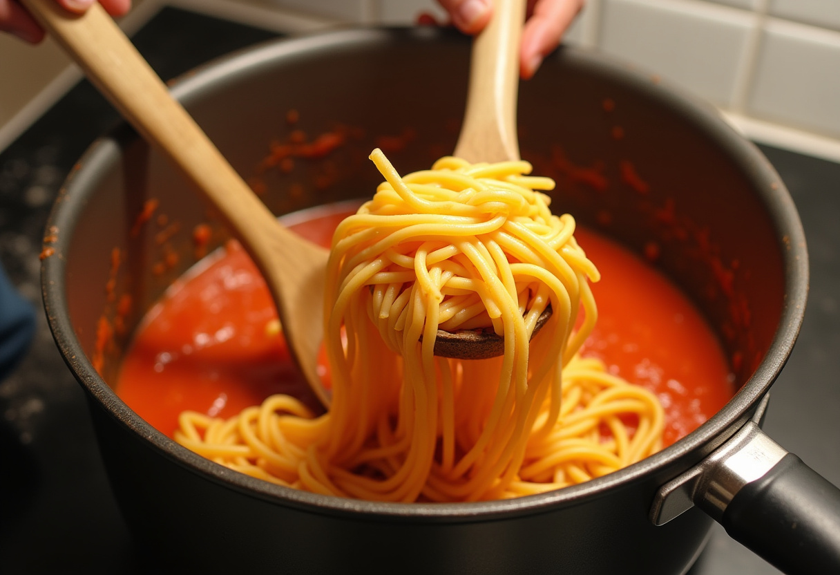 Fideos siendo incorporados a la salsa de tomate en la cazuela.