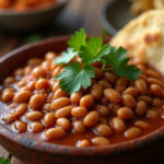 Judías pintas estofadas servidas en un tazón con cilantro y tortillas calientes.