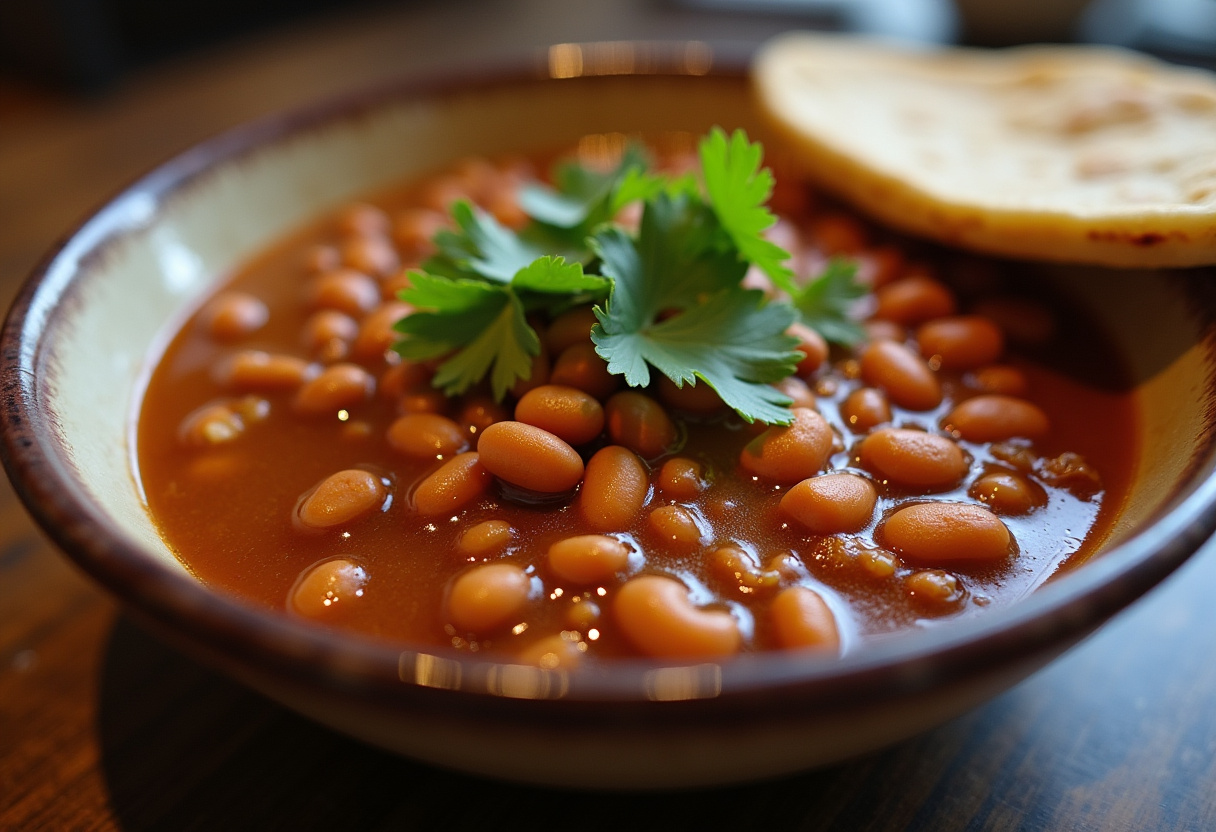 Judías pintas estofadas servidas en un tazón con cilantro y tortillas calientes.