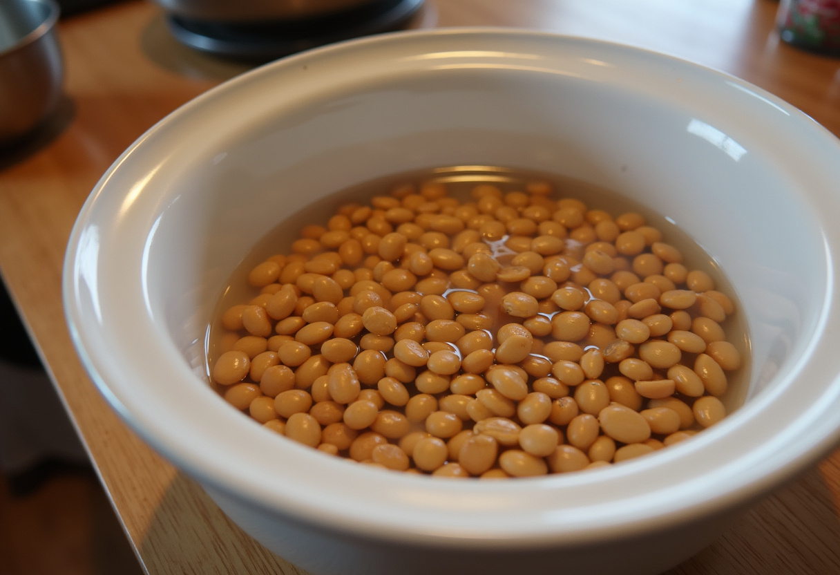 Pinto beans remojándose en agua para preparar judías pintas estofadas.