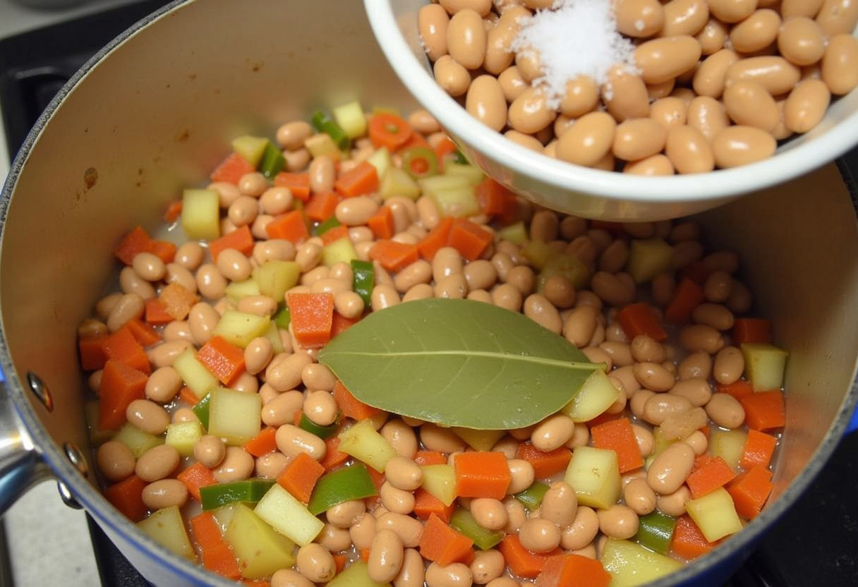 Judías pintas añadidas a la olla con verduras salteadas para estofar.