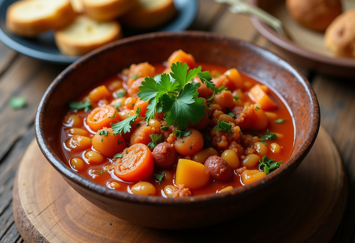 Plato terminado de lentejas con chorizo y verduras, decorado con perejil y acompañado de pan.