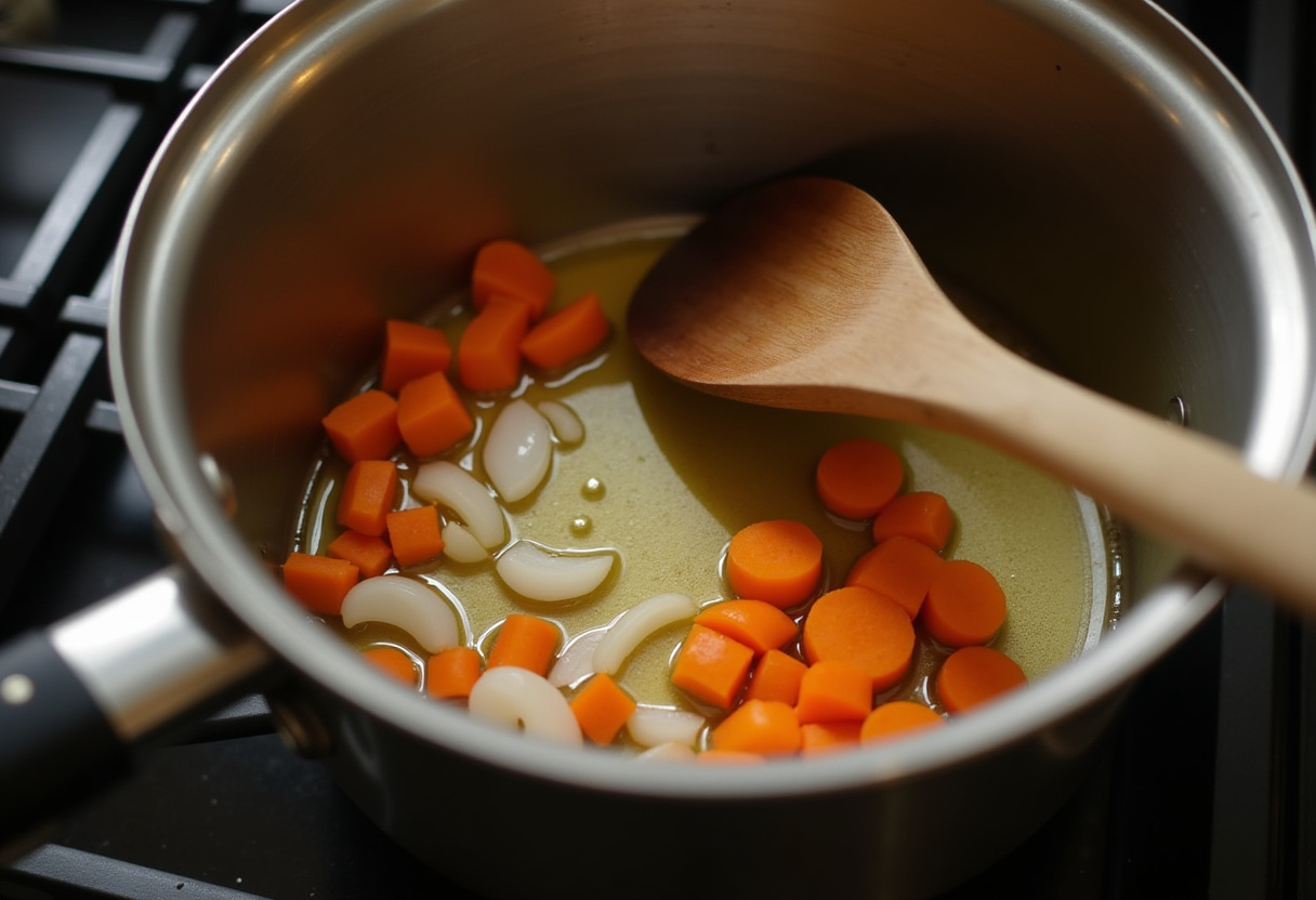 Olive oil calentándose en una olla con cebolla, zanahoria y ajo listos para cocinar lentejas con chorizo y verduras.