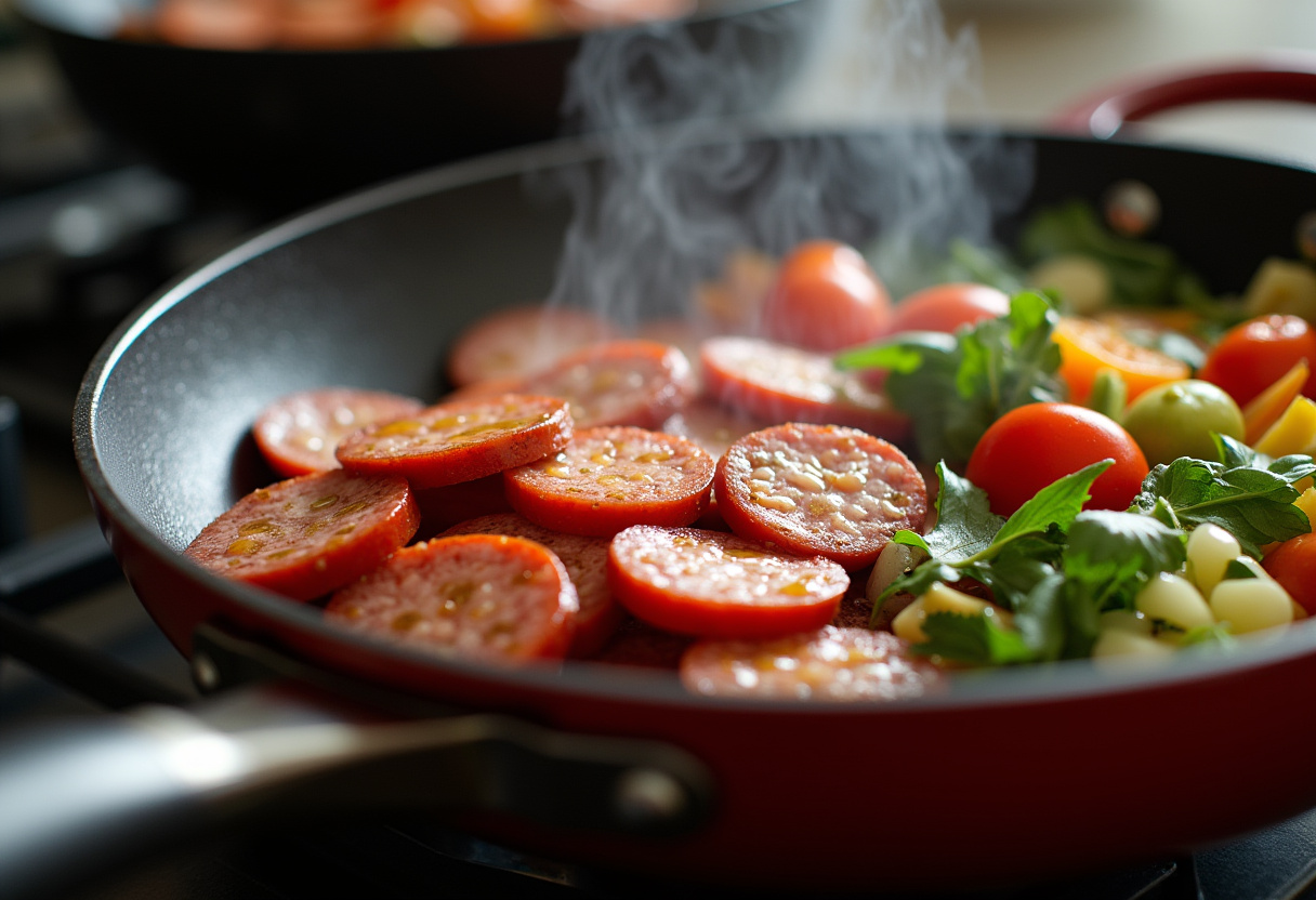 Chorizo dorándose en una sartén para añadir a las lentejas con verduras.