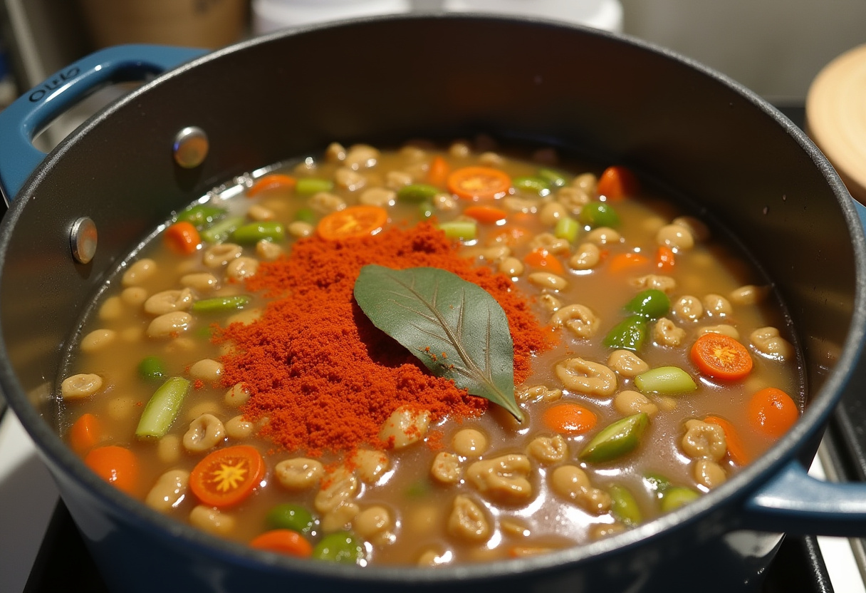 Lentejas remojadas con verduras salteadas, laurel y pimentón listas para cocinar.