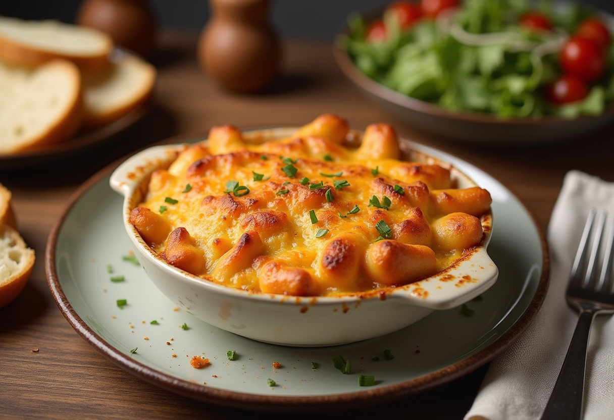 Deliciosos macarrones gratinados con capa dorada de queso, listos para servir