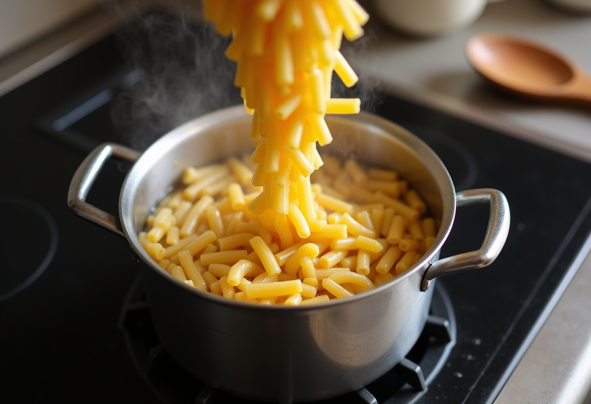 Macarrones hirviendo en una olla para la preparación de macarrones gratinados