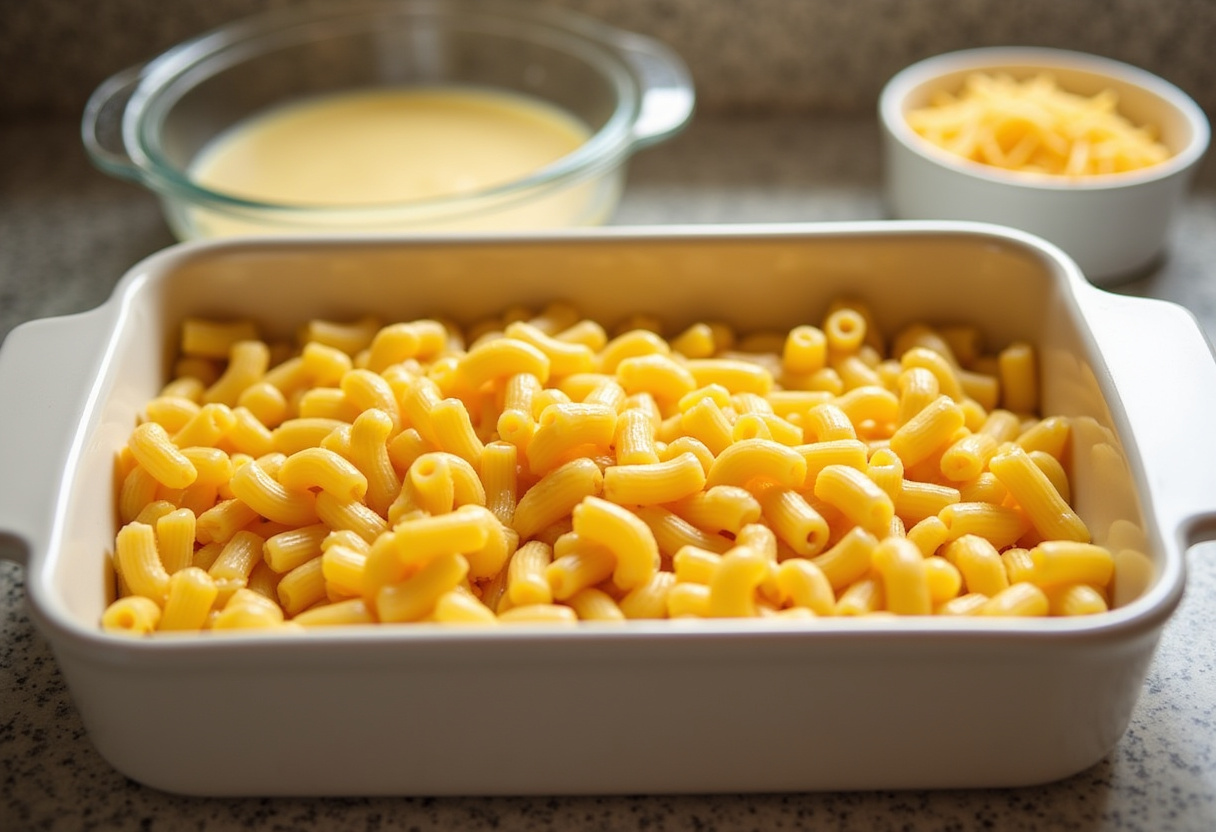 Mezclando macarrones con salsa bechamel y queso para gratinar