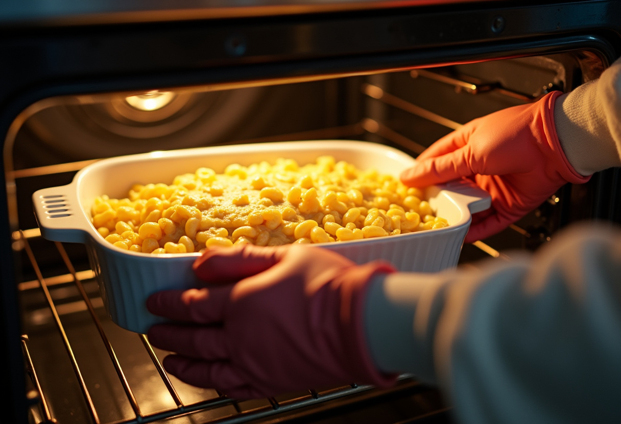 Macarrones gratinados listos para servir recién salidos del horno
