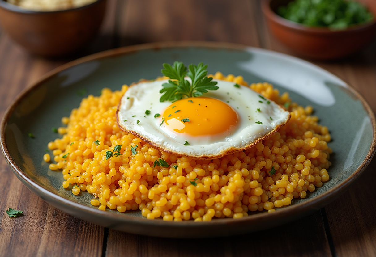 Plato de migas con huevo frito, decorado con perejil fresco, listo para disfrutar.