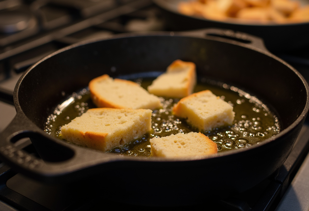 Aceite de oliva calentándose en una sartén de hierro fundido para freír las migas.