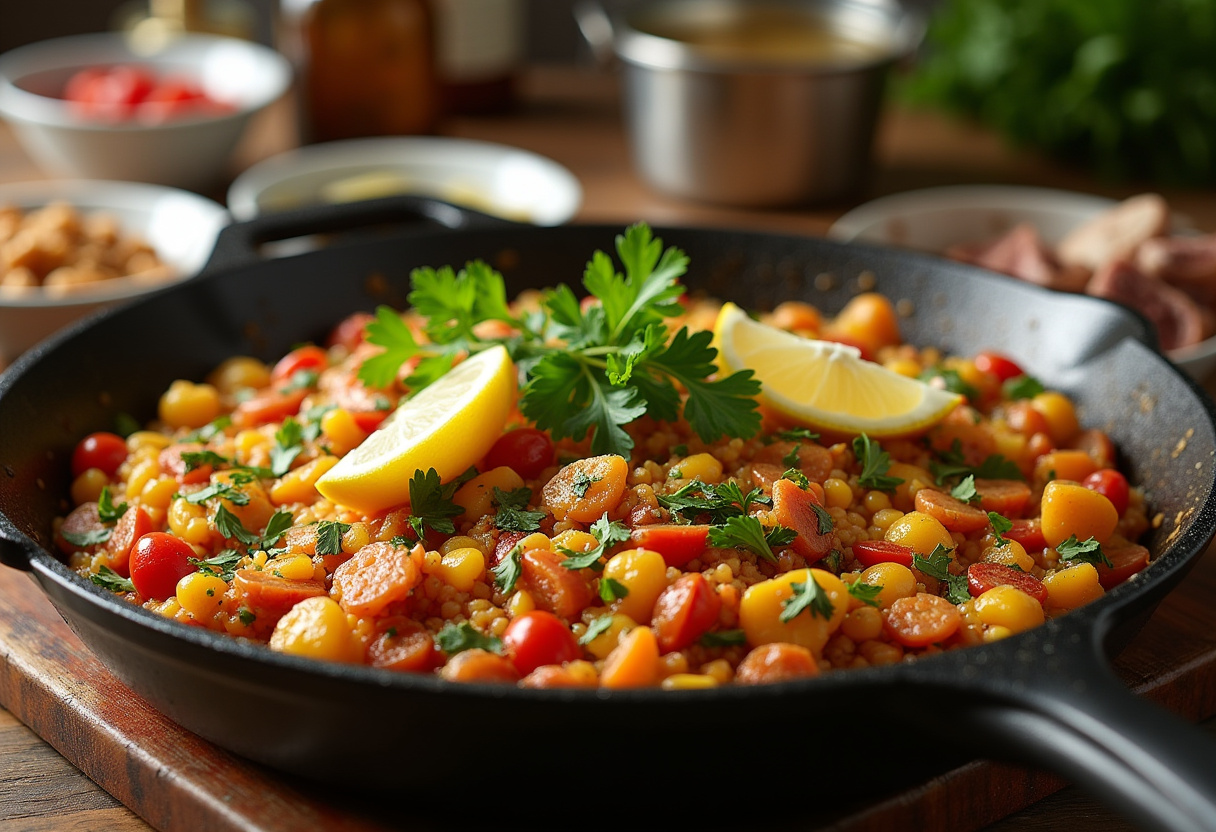 Paella de verduras terminada, decorada con limón y perejil, lista para servir.