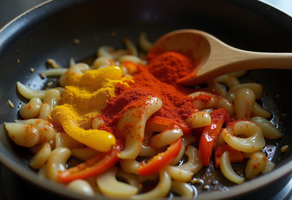 Cebolla, ajo y pimientos salteados con azafrán y pimentón para la paella de verduras.