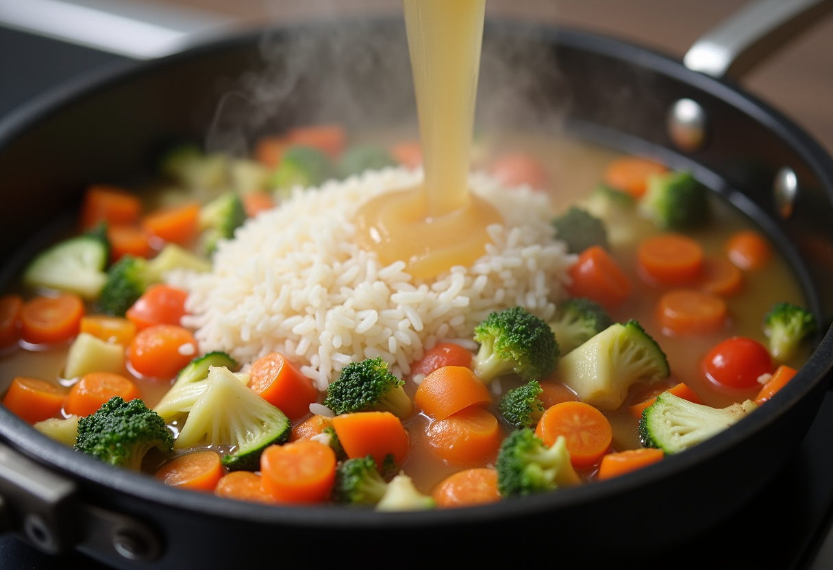 Arroz de grano corto y caldo de verduras añadidos a la paella de verduras.