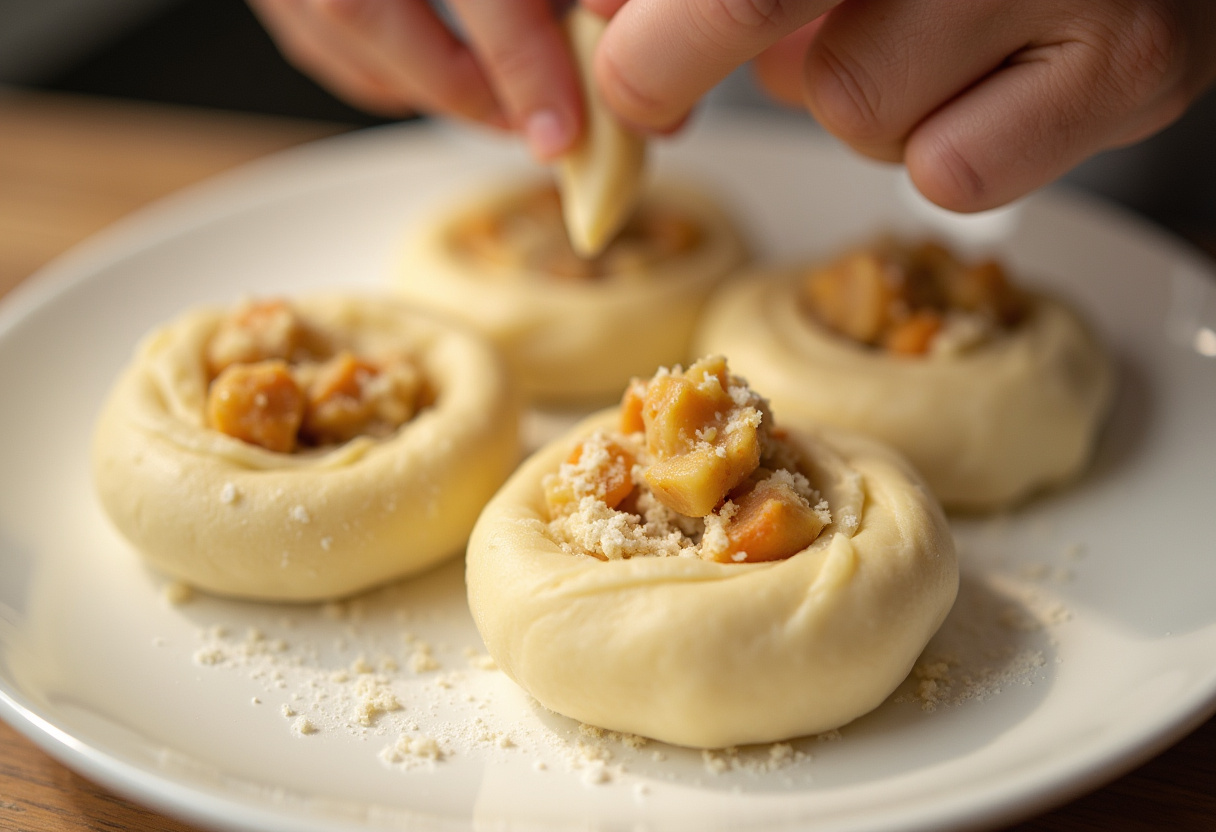 Masa de pan doblada sobre el relleno para formar Pancitos Rellenos.