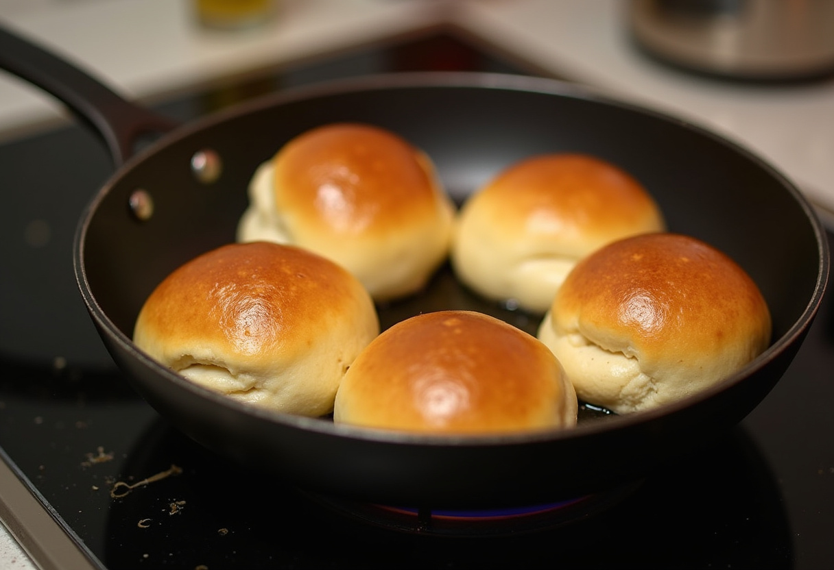 Pancitos Rellenos dorándose en una sartén sin necesidad de horno.