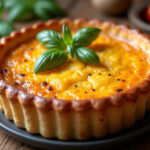 Pastel de berenjena recién horneado, dorado y gratinado, decorado con hojas de albahaca fresca.