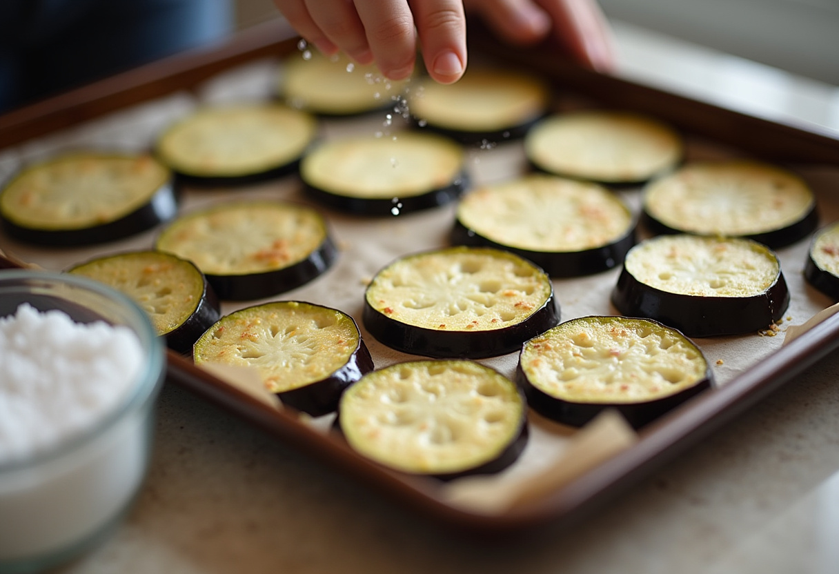 Rodajas de berenjena en una bandeja para horno, saladas para eliminar el amargor.