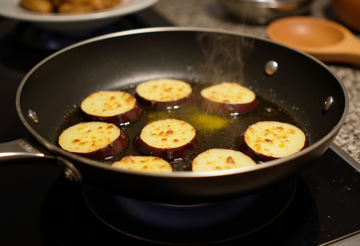 Sartén con aceite de oliva calentándose para freír las rodajas de berenjena.