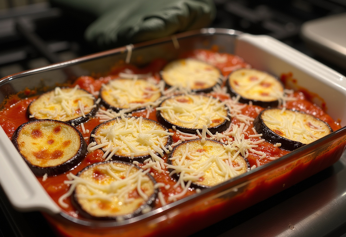 Molde para horno con capas de berenjena frita, salsa de tomate y queso rallado, listo para hornear.