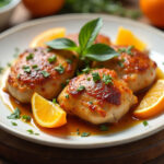 Pollo a la naranja terminado, con salsa brillante y decoración de naranjas y hierbas frescas.