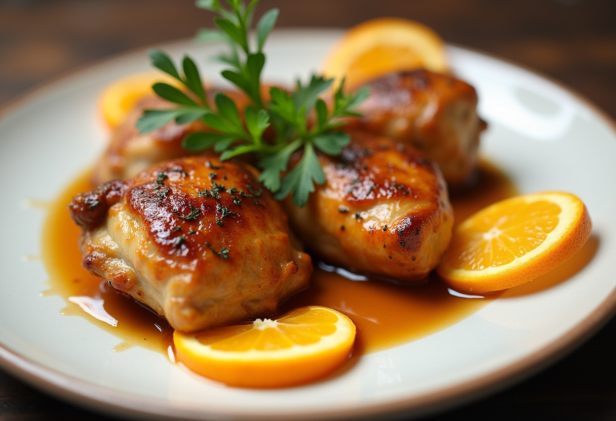 Pollo a la naranja terminado, con salsa brillante y decoración de naranjas y hierbas frescas.