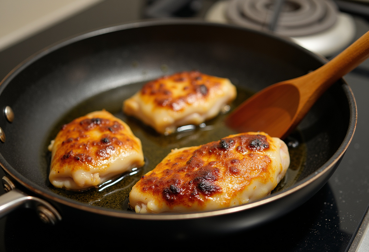 Pechugas de pollo dorándose en una sartén con aceite de oliva para pollo a la naranja.