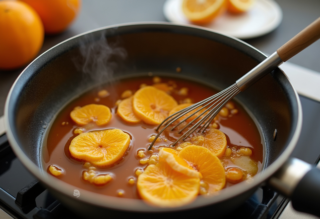Salsa de jugo de naranja, miel y salsa de soja reduciéndose para el pollo a la naranja.