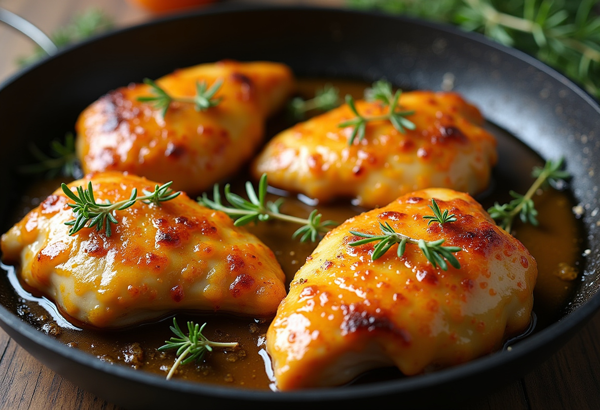 Pechugas de pollo bañadas en salsa de naranja en la sartén para el plato final.