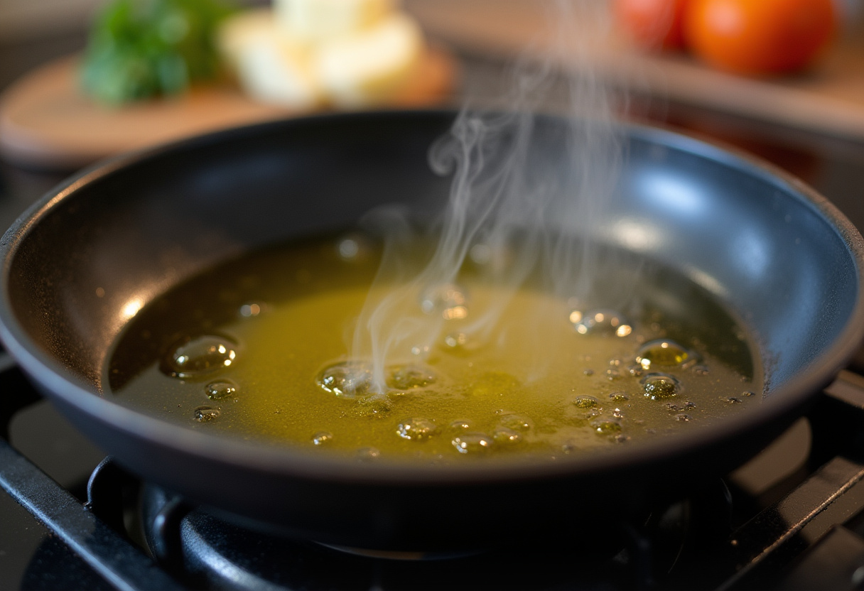 Sartén calentándose con aceite de oliva para cocinar Pollo al ajillo.