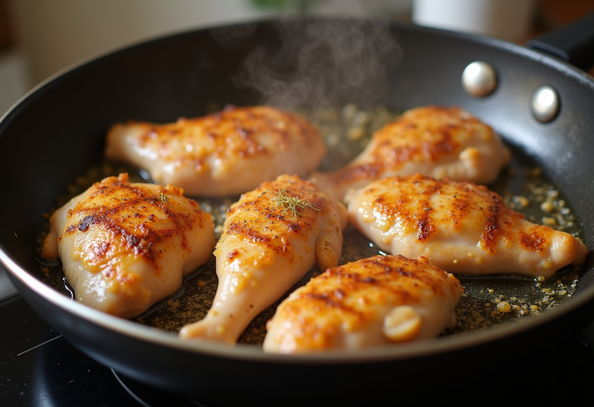 Trozos de pollo y ajo dorándose en la sartén para el Pollo al ajillo.