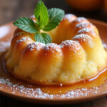 Pudding de pan y manzana recién horneado, dorado y decorado con azúcar glas y menta.