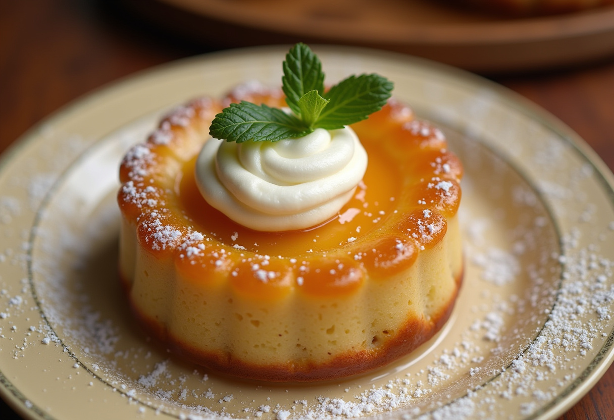 Pudding de pan y manzana recién horneado, dorado y decorado con azúcar glas y menta.