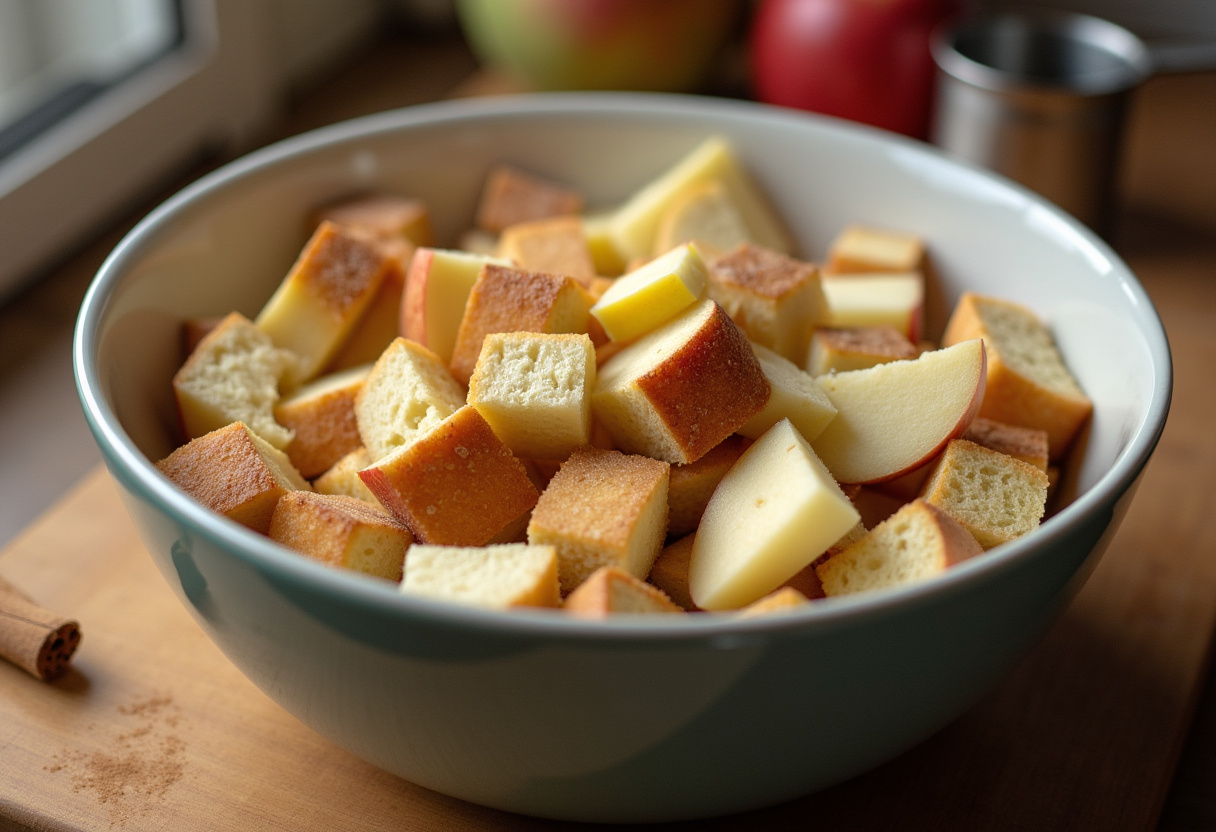 Cubos de pan y manzana picada en un tazón para preparar Pudding de pan y manzana.